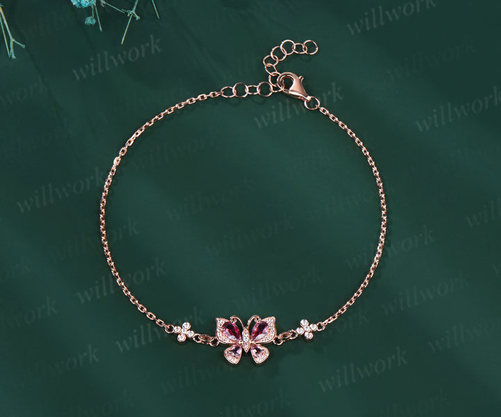 Elegante pear pink tourmaline butterfly charm bracelet clover moissanite bracelets for women gifts for her