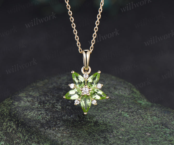 Pear peridot moissanite flower pendant necklace unique green gemstone charm necklace for women