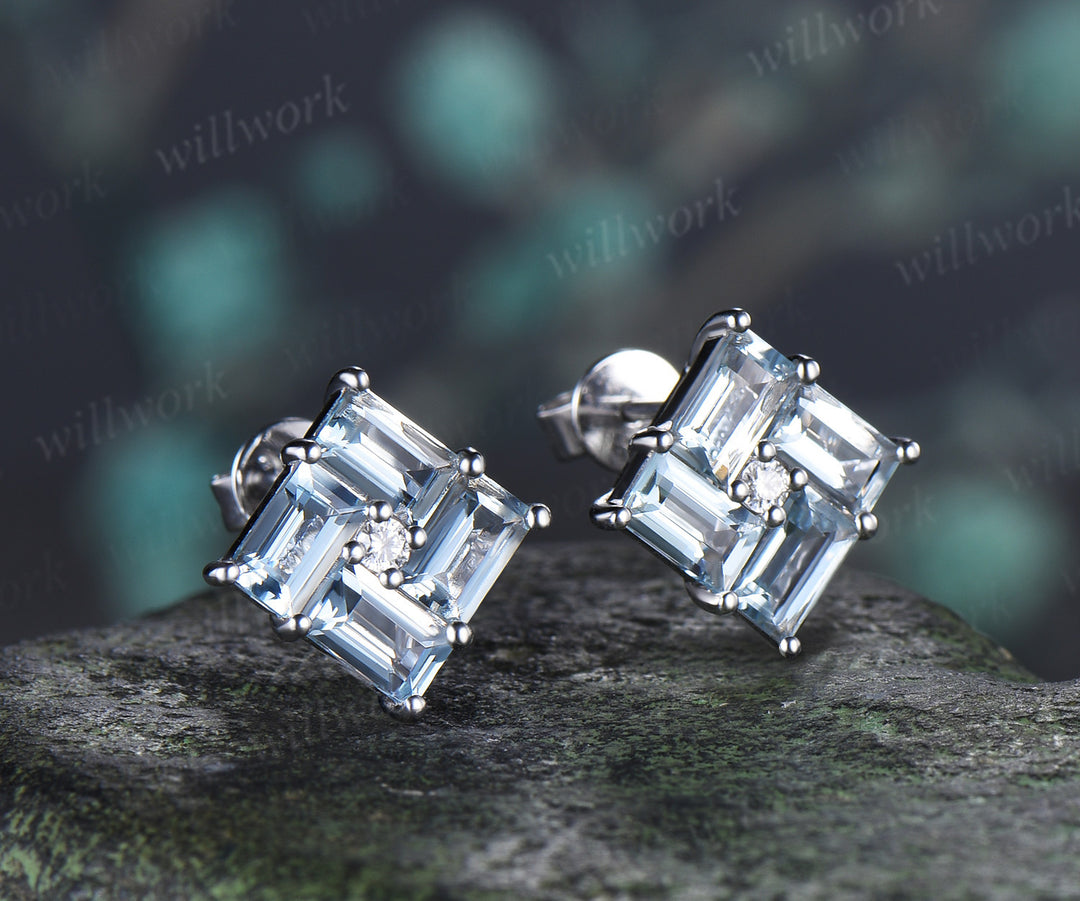 Baguette Aquamarine Stud Earrings Silver Solid 10K/14K/18K White Gold Minimalist Earrings Pierced Jewelry Gifts