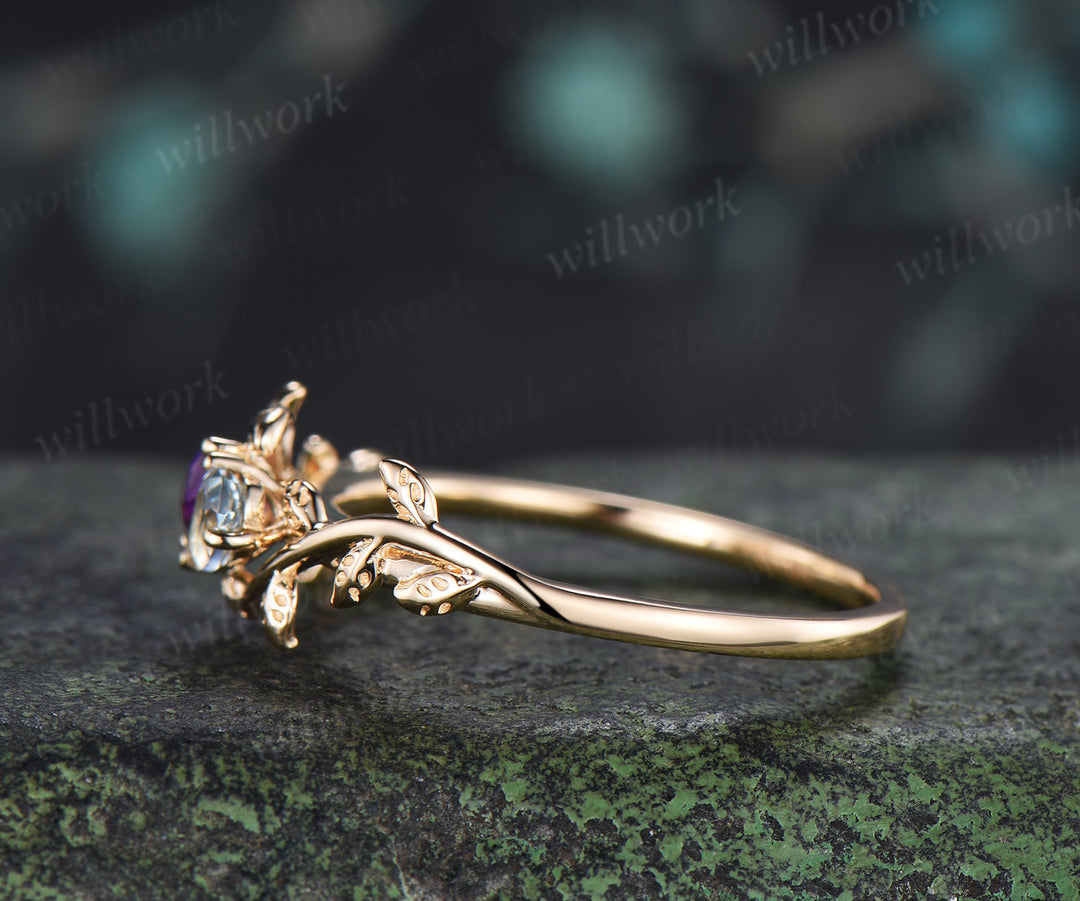 Toi Et Moi Pear Amethyst Aquamarine Ring Leaf Vine Two Stone Promise Ring Nature Inspired Birthstone Ring