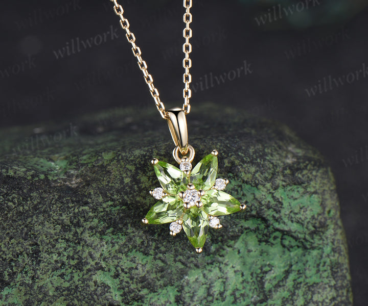 Pear peridot moissanite flower pendant necklace unique green gemstone charm necklace for women