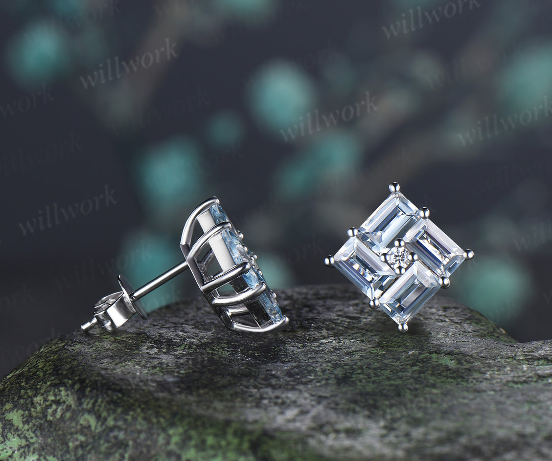 Baguette Aquamarine Stud Earrings Silver Solid 10K/14K/18K White Gold Minimalist Earrings Pierced Jewelry Gifts