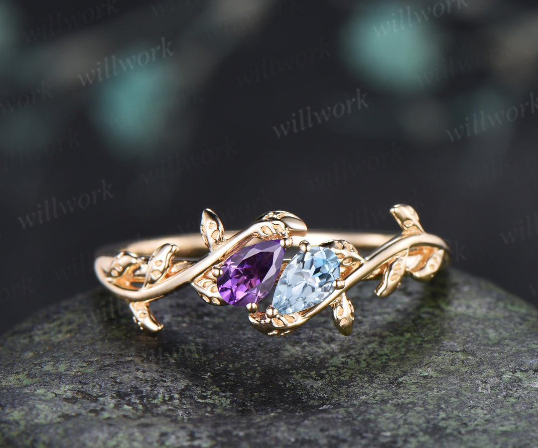 Toi Et Moi Pear Amethyst Aquamarine Ring Leaf Vine Two Stone Promise Ring Nature Inspired Birthstone Ring
