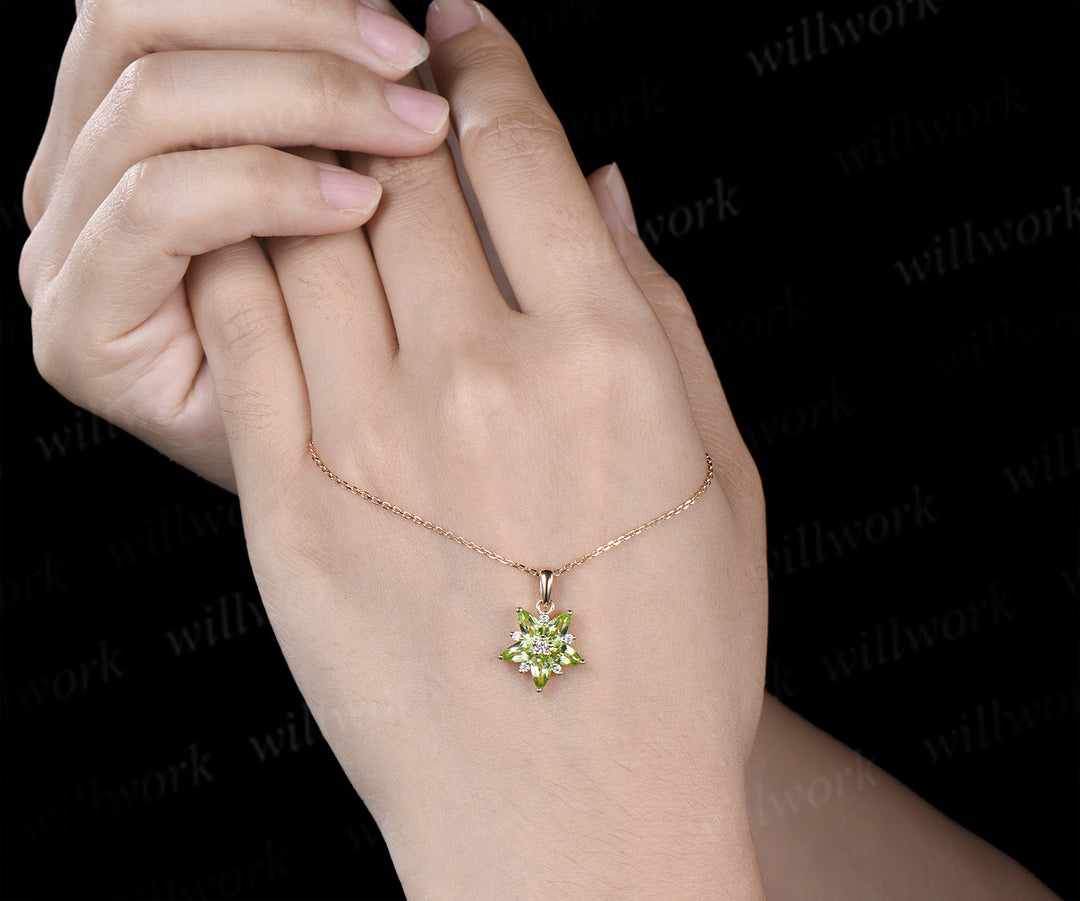 Pear peridot moissanite flower pendant necklace unique green gemstone charm necklace for women