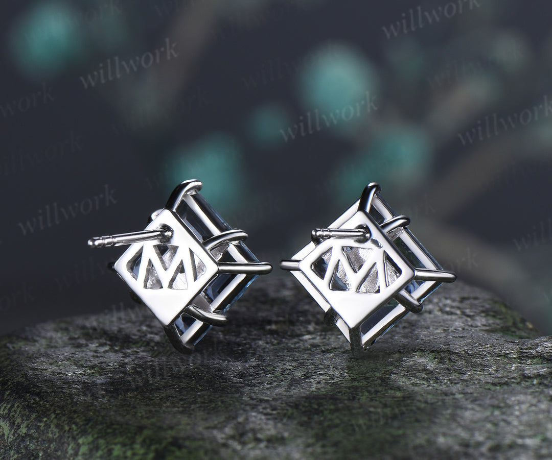 Baguette Aquamarine Stud Earrings Silver Solid 10K/14K/18K White Gold Minimalist Earrings Pierced Jewelry Gifts