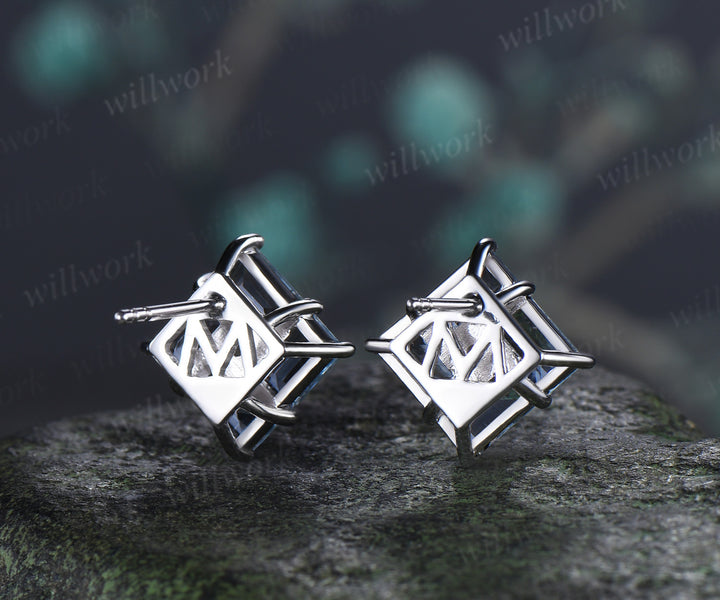 Baguette Aquamarine Stud Earrings Silver Solid 10K/14K/18K White Gold Minimalist Earrings Pierced Jewelry Gifts
