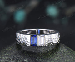 Baguette Sapphire Moissanite Men's Wedding Ring 5mm Hammered Unique Two Stone Engagement Ring for Men