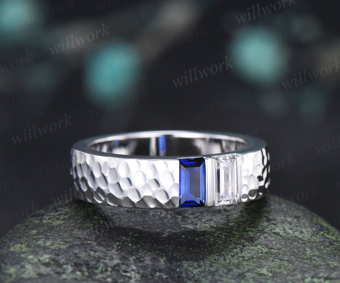 Baguette Sapphire Moissanite Men's Wedding Ring 5mm Hammered Unique Two Stone Engagement Ring for Men