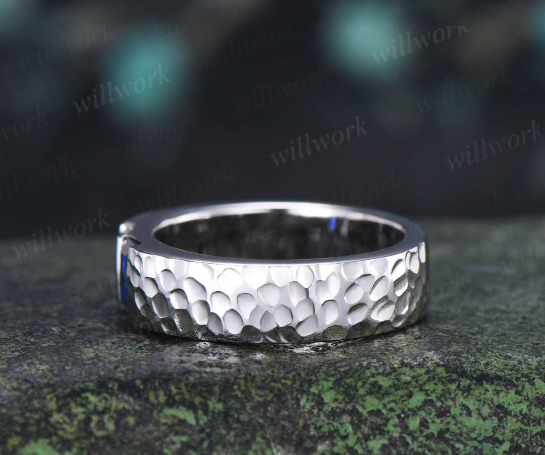 Baguette Sapphire Moissanite Men's Wedding Ring 5mm Hammered Unique Two Stone Engagement Ring for Men