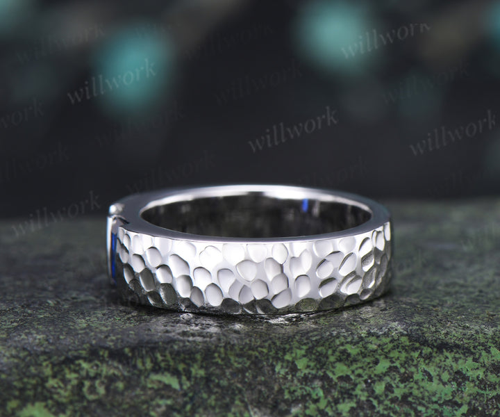 Baguette Sapphire Moissanite Men's Wedding Ring 5mm Hammered Unique Two Stone Engagement Ring for Men
