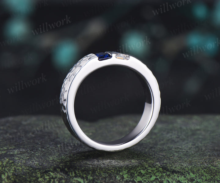 Baguette Sapphire Moissanite Men's Wedding Ring 5mm Hammered Unique Two Stone Engagement Ring for Men
