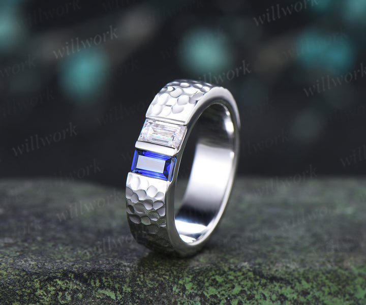 Baguette Sapphire Moissanite Men's Wedding Ring 5mm Hammered Unique Two Stone Engagement Ring for Men