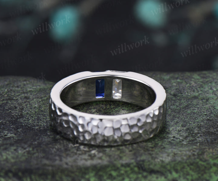 Baguette Sapphire Moissanite Men's Wedding Ring 5mm Hammered Unique Two Stone Engagement Ring for Men