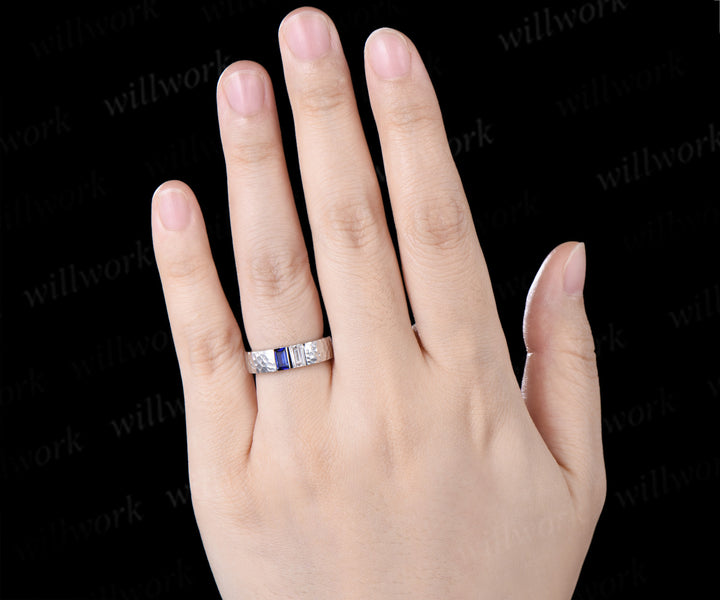 Baguette Sapphire Moissanite Men's Wedding Ring 5mm Hammered Unique Two Stone Engagement Ring for Men