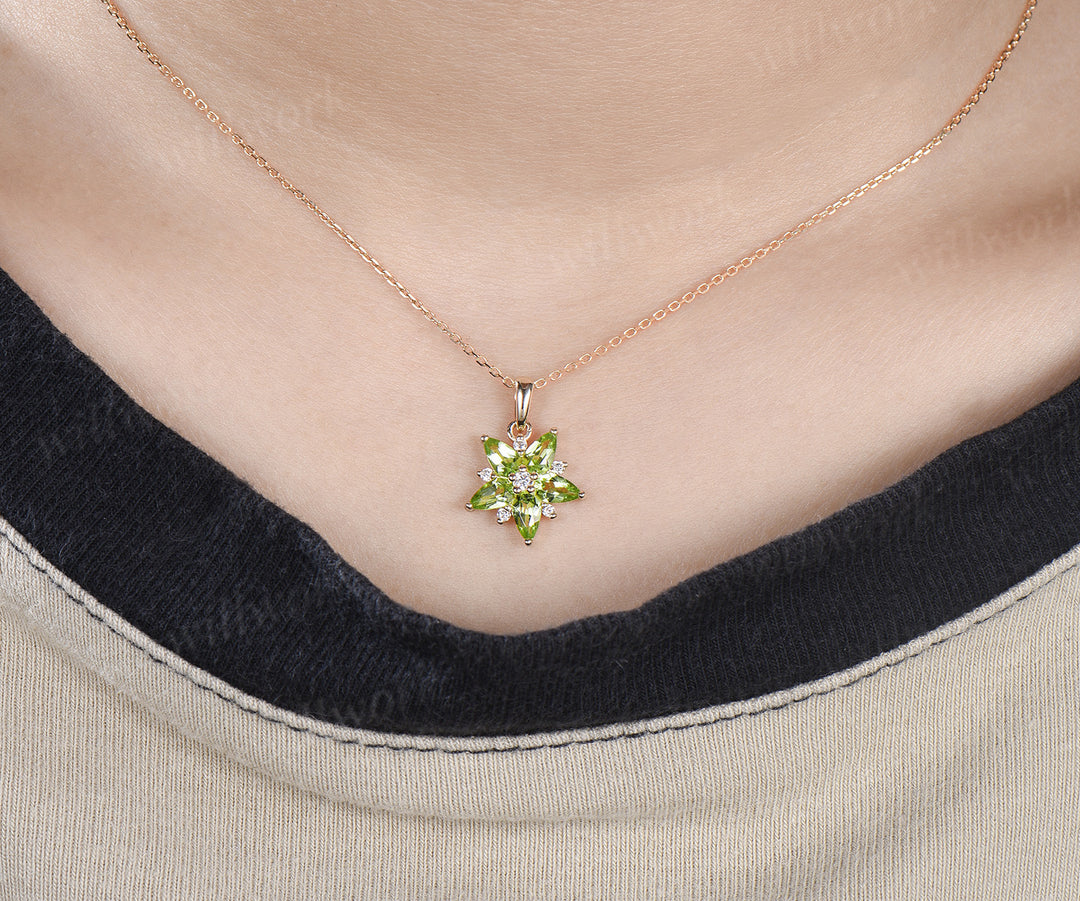 Pear peridot moissanite flower pendant necklace unique green gemstone charm necklace for women