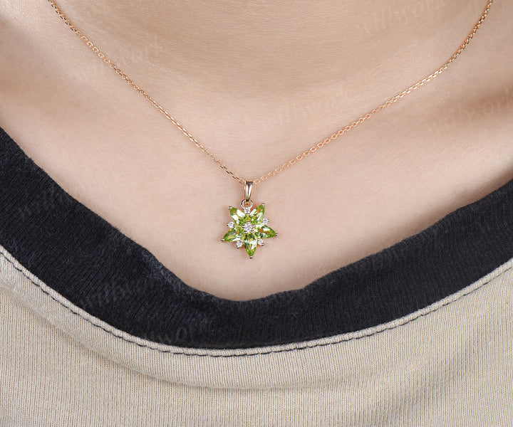 Pear peridot moissanite flower pendant necklace unique green gemstone charm necklace for women