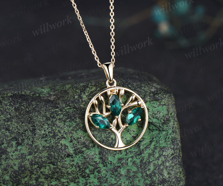 Marquise Emerald Family Tree Pendant Necklace May Birthstone Necklace Symbolic Tree of Life Jewelry