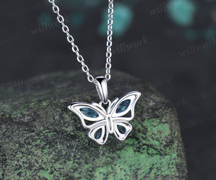 Marquise Pear Swiss Blue Topaz Butterfly Necklace Elegant Pendant Gift for Her Nature Inspired Jewelry