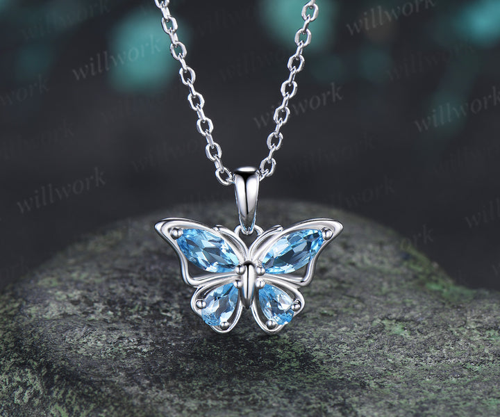 Marquise Pear Swiss Blue Topaz Butterfly Necklace Elegant Pendant Gift for Her Nature Inspired Jewelry