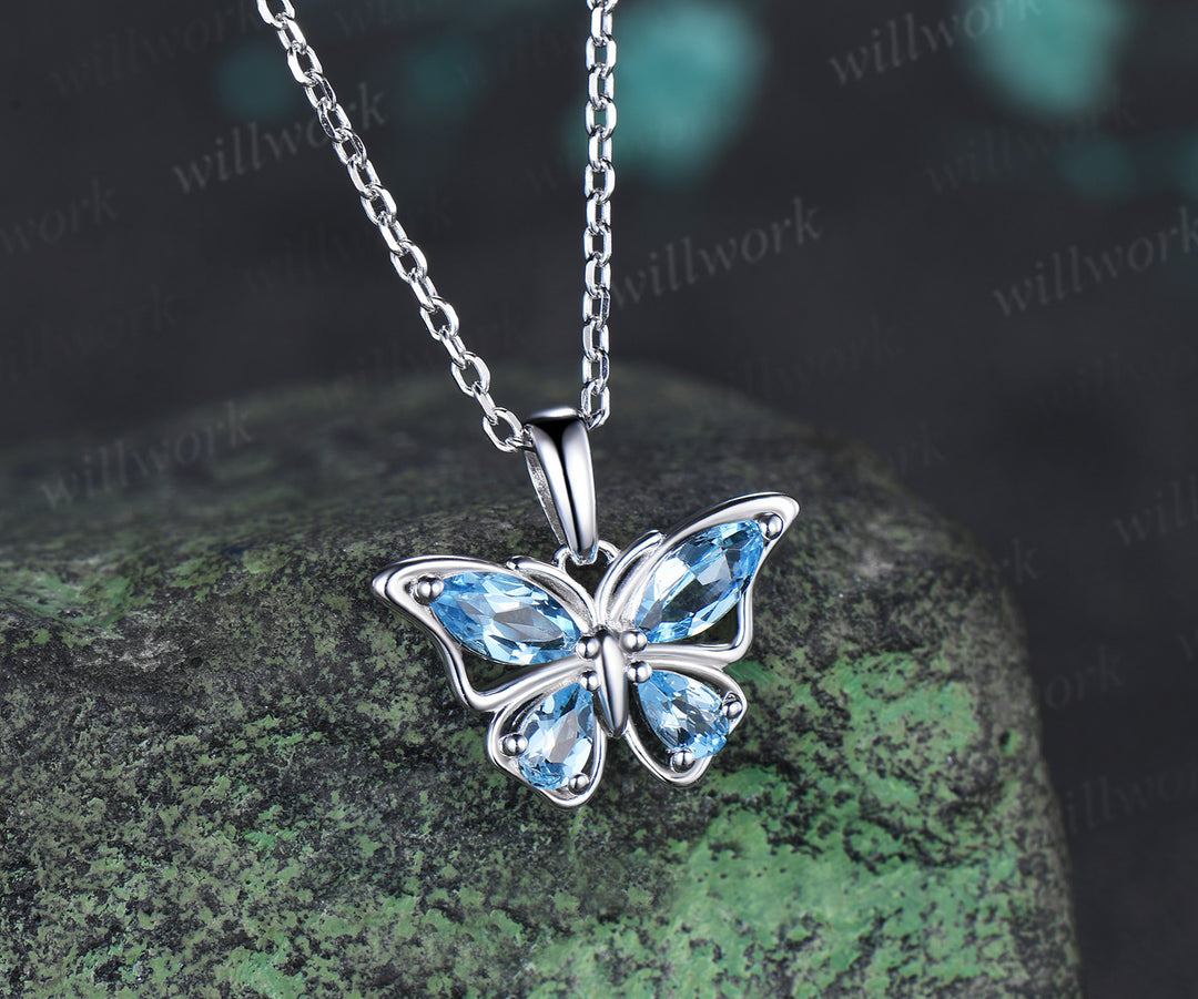 Marquise Pear Swiss Blue Topaz Butterfly Necklace Elegant Pendant Gift for Her Nature Inspired Jewelry