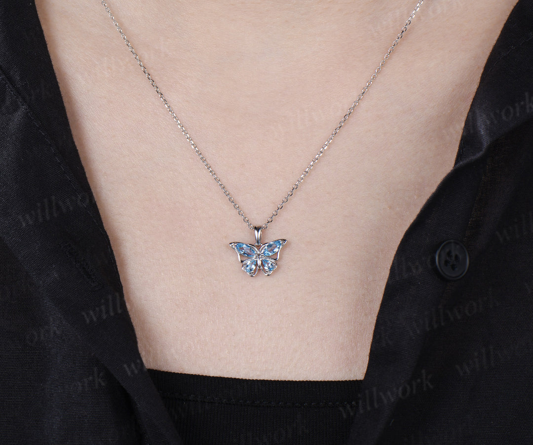 Marquise Pear Swiss Blue Topaz Butterfly Necklace Elegant Pendant Gift for Her Nature Inspired Jewelry