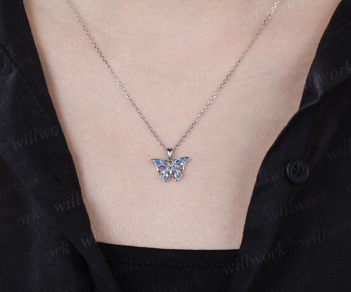 Marquise Pear Swiss Blue Topaz Butterfly Necklace Elegant Pendant Gift for Her Nature Inspired Jewelry