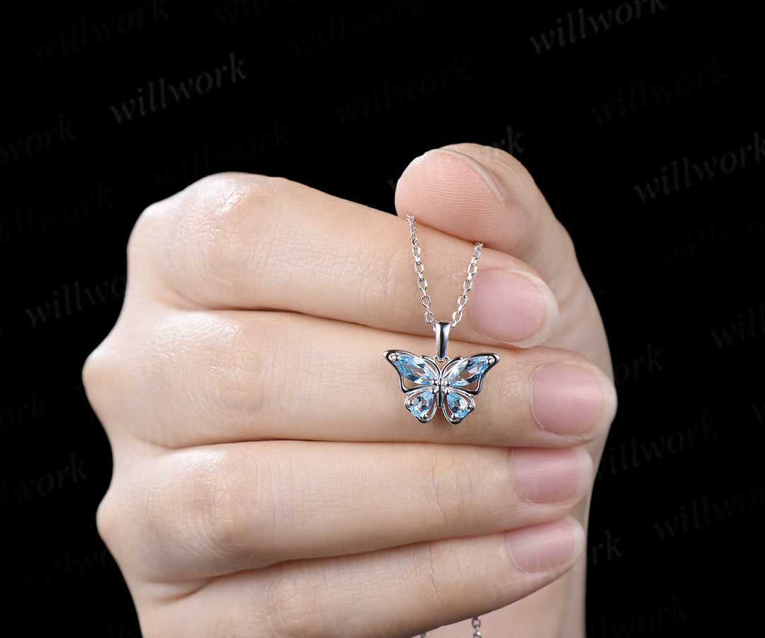 Marquise Pear Swiss Blue Topaz Butterfly Necklace Elegant Pendant Gift for Her Nature Inspired Jewelry