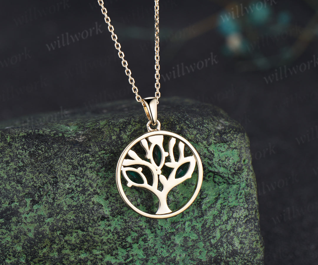 Marquise Emerald Family Tree Pendant Necklace May Birthstone Necklace Symbolic Tree of Life Jewelry