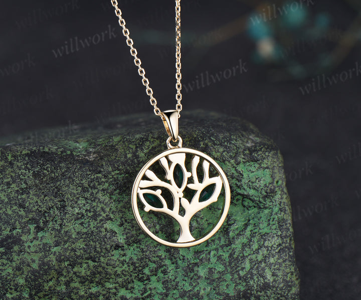 Marquise Emerald Family Tree Pendant Necklace May Birthstone Necklace Symbolic Tree of Life Jewelry