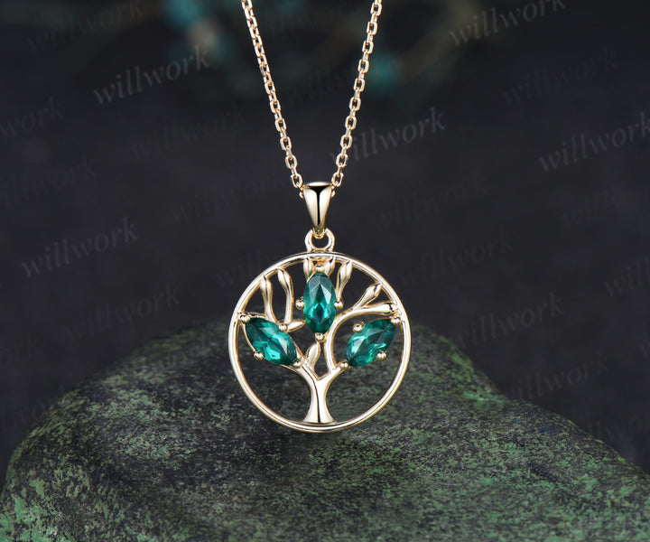 Marquise Emerald Family Tree Pendant Necklace May Birthstone Necklace Symbolic Tree of Life Jewelry