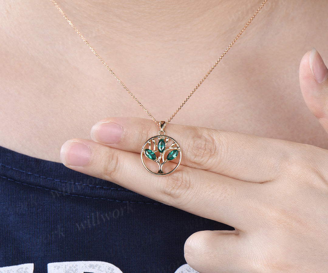 Marquise Emerald Family Tree Pendant Necklace May Birthstone Necklace Symbolic Tree of Life Jewelry