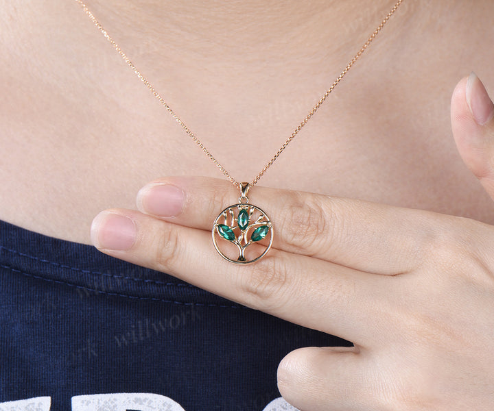 Marquise Emerald Family Tree Pendant Necklace May Birthstone Necklace Symbolic Tree of Life Jewelry