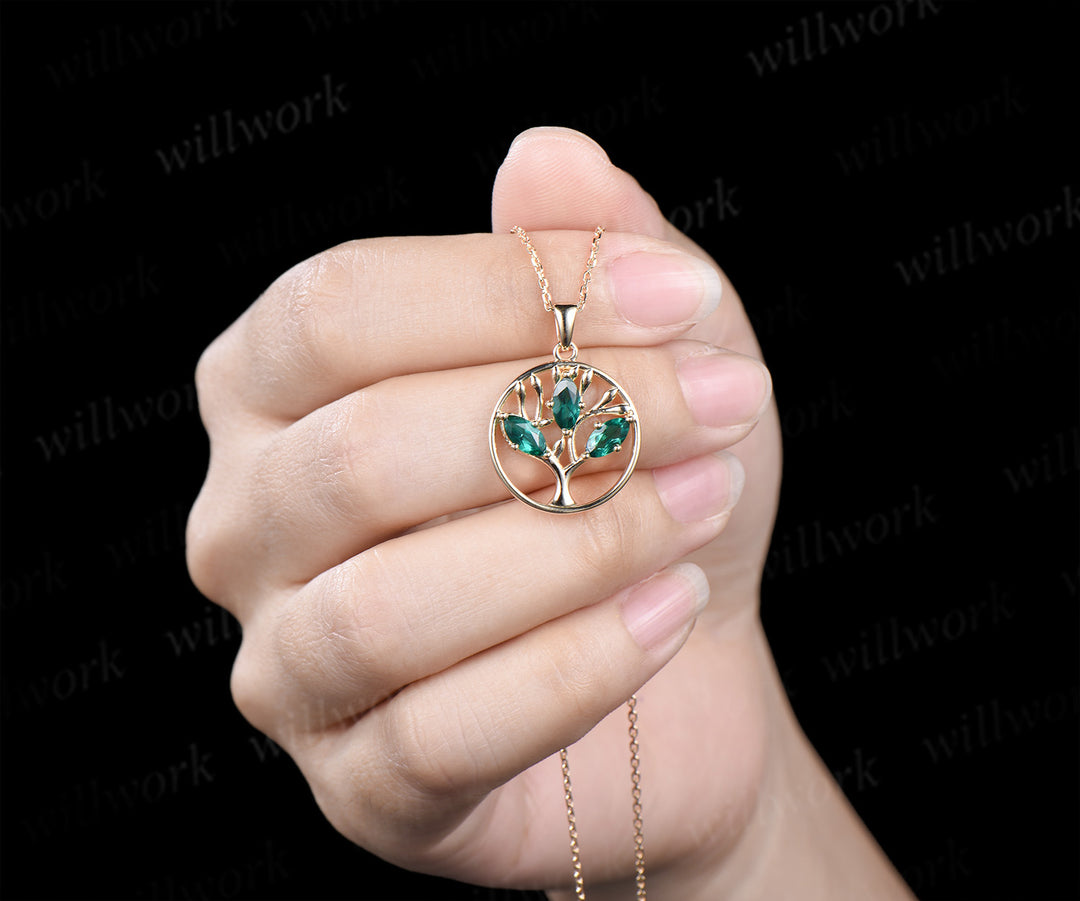 Marquise Emerald Family Tree Pendant Necklace May Birthstone Necklace Symbolic Tree of Life Jewelry