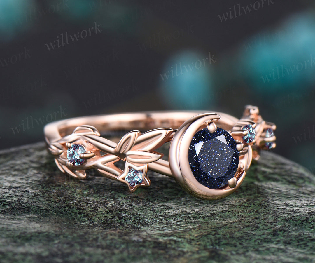 Vintage Galaxy Round Cut Blue Sandstone Engagement Ring Unique Leaf Vine Twig Branch Alexandrite Wedding Ring Moon Star Nature Inspired Bridal Anniversary Ring