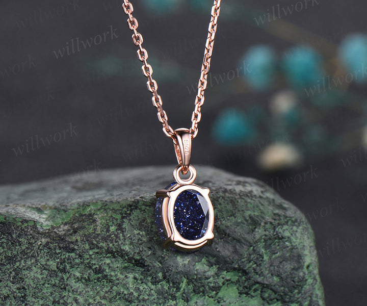 Unique Galaxy Oval Cut Blue Sandstone Necklace Art Deco Healing Blue Gemstone Solitaire Pendant 14k Rose Gold Starry Sky Necklace Birthday Promise Anniversary Necklace Jewelry Gift