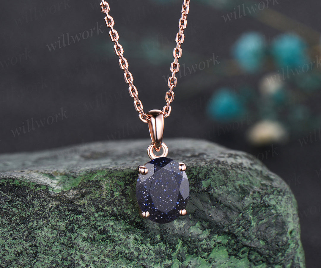 Unique Galaxy Oval Cut Blue Sandstone Necklace Art Deco Healing Blue Gemstone Solitaire Pendant 14k Rose Gold Starry Sky Necklace Birthday Promise Anniversary Necklace Jewelry Gift