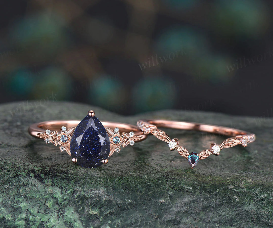 Unique Leaf Flower Nature Inspired Ring Teardrop Blue Sandstone Engagement Ring Set Art Deco Alexandrite Moissanite Galaxy Healing Jewelry