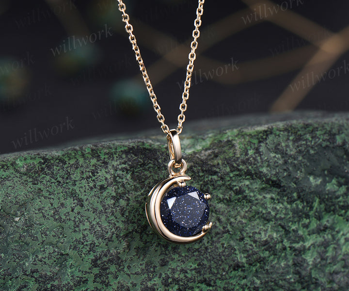 Round cut blue sandstone pendant necklace dainty moon yellow gold pendant unique crescent necklace best friend gifts jewelry