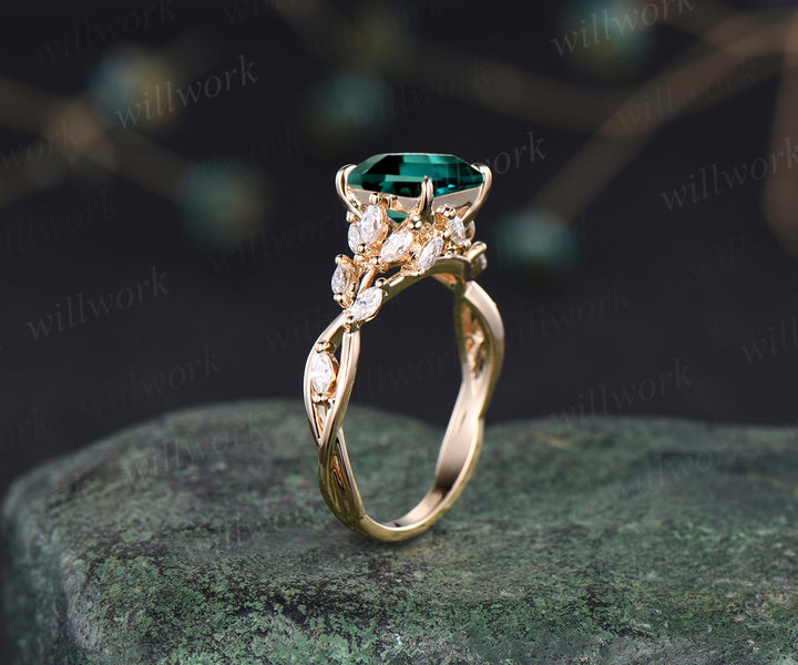 Unique princess cut emerald engagement ring marquise moissanite cluster twig floral ring May birthstone aninversary wedding ring