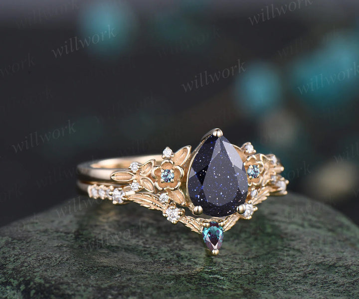 Unique Leaf Flower Nature Inspired Ring Teardrop Blue Sandstone Engagement Ring Set Art Deco Alexandrite Moissanite Galaxy Healing Jewelry