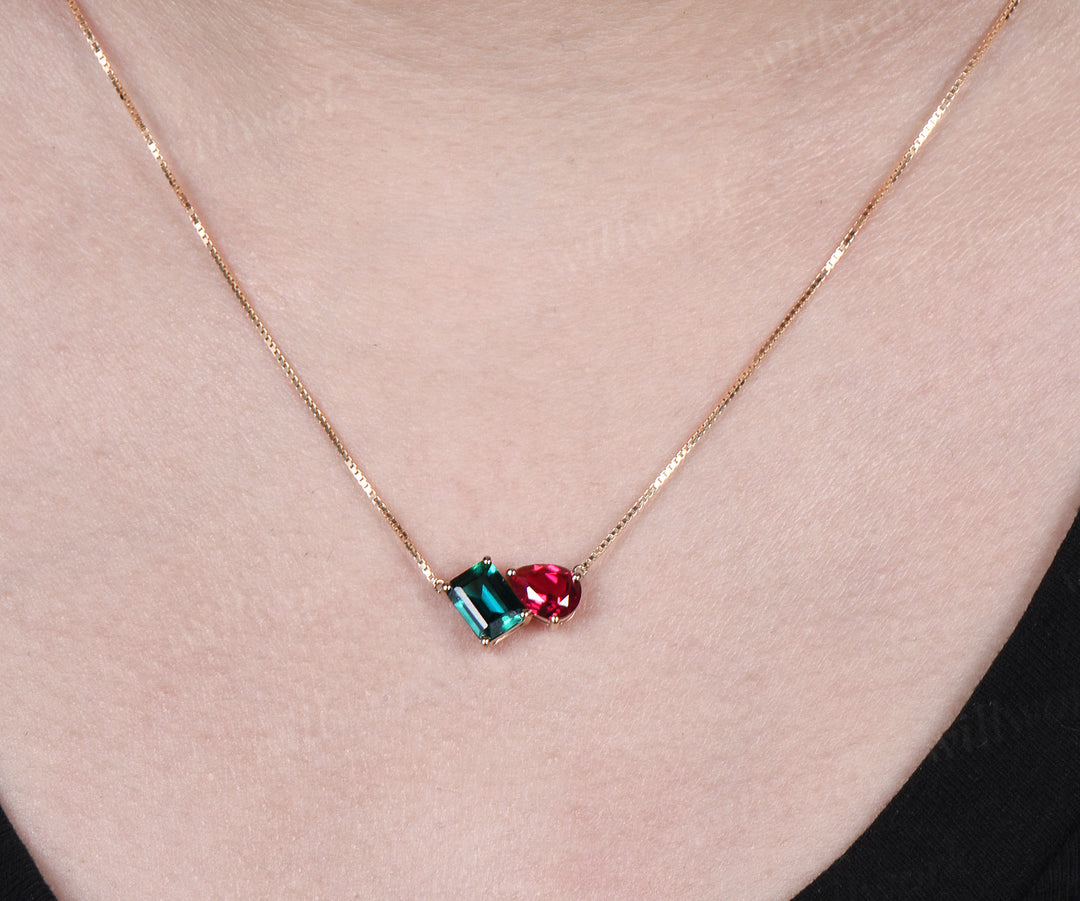 Emerald cut emerald pear ruby pendant minimalist two stones Toi et Moi pendant necklace solid yellow gold box chain