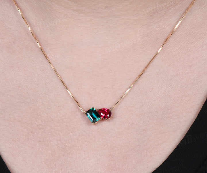 Emerald cut emerald pear ruby pendant minimalist two stones Toi et Moi pendant necklace solid yellow gold box chain