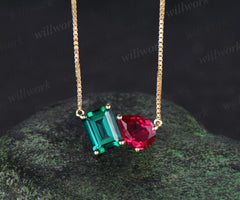 Emerald cut emerald pear ruby pendant minimalist two stones Toi et Moi pendant necklace solid yellow gold box chain