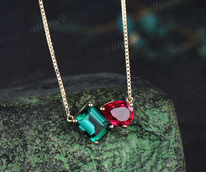 Emerald cut emerald pear ruby pendant minimalist two stones Toi et Moi pendant necklace solid yellow gold box chain