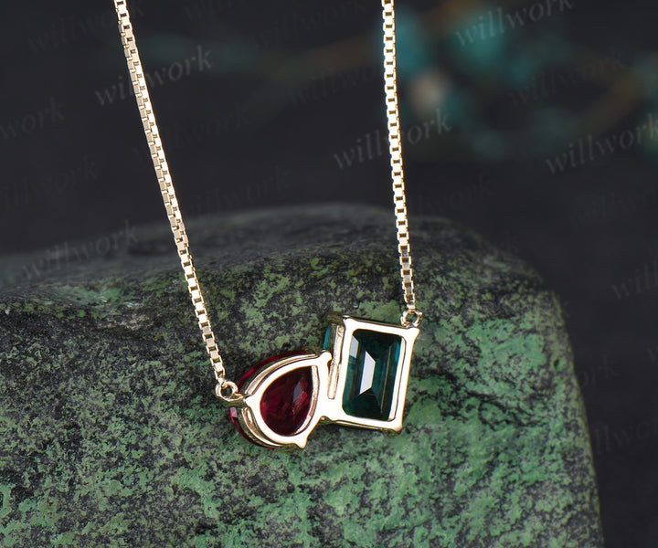 Emerald cut emerald pear ruby pendant minimalist two stones Toi et Moi pendant necklace solid yellow gold box chain