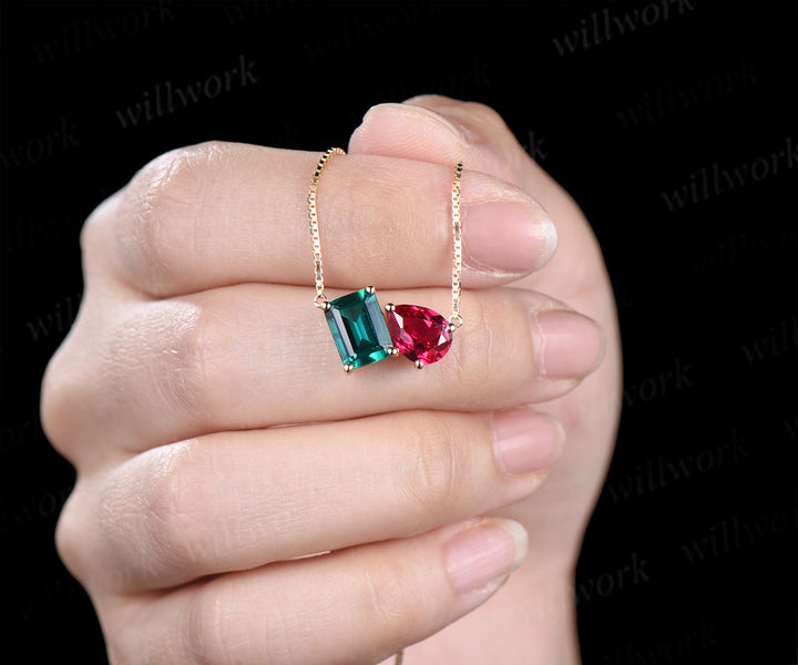 Emerald cut emerald pear ruby pendant minimalist two stones Toi et Moi pendant necklace solid yellow gold box chain