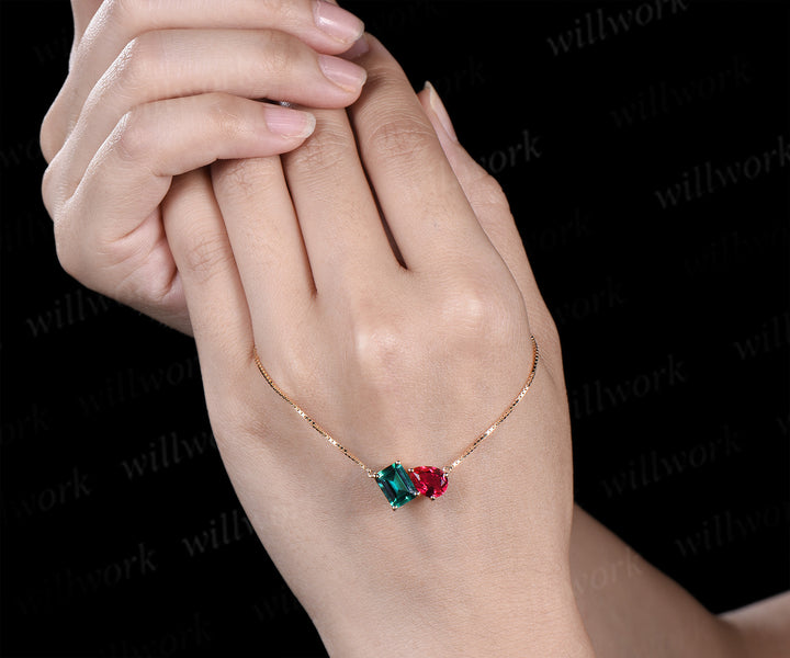 Emerald cut emerald pear ruby pendant minimalist two stones Toi et Moi pendant necklace solid yellow gold box chain