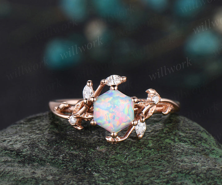 Hexagon white opal engagement ring rose gold leaf twisted leaf marquise diamond ring women antique anniversary ring gift