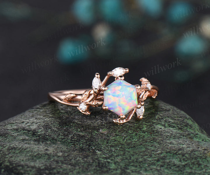 Hexagon white opal engagement ring rose gold leaf twisted leaf marquise diamond ring women antique anniversary ring gift