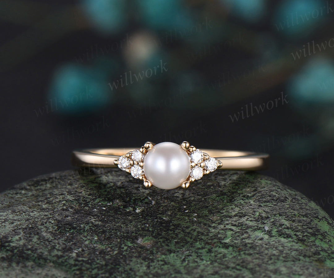 Dainty round pearl Engagement Ring Set solid 14k yellow gold Minimalist stakcing diamond bridal set women